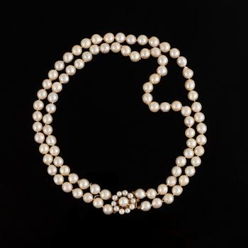 A two strand cultured pearl necklace.