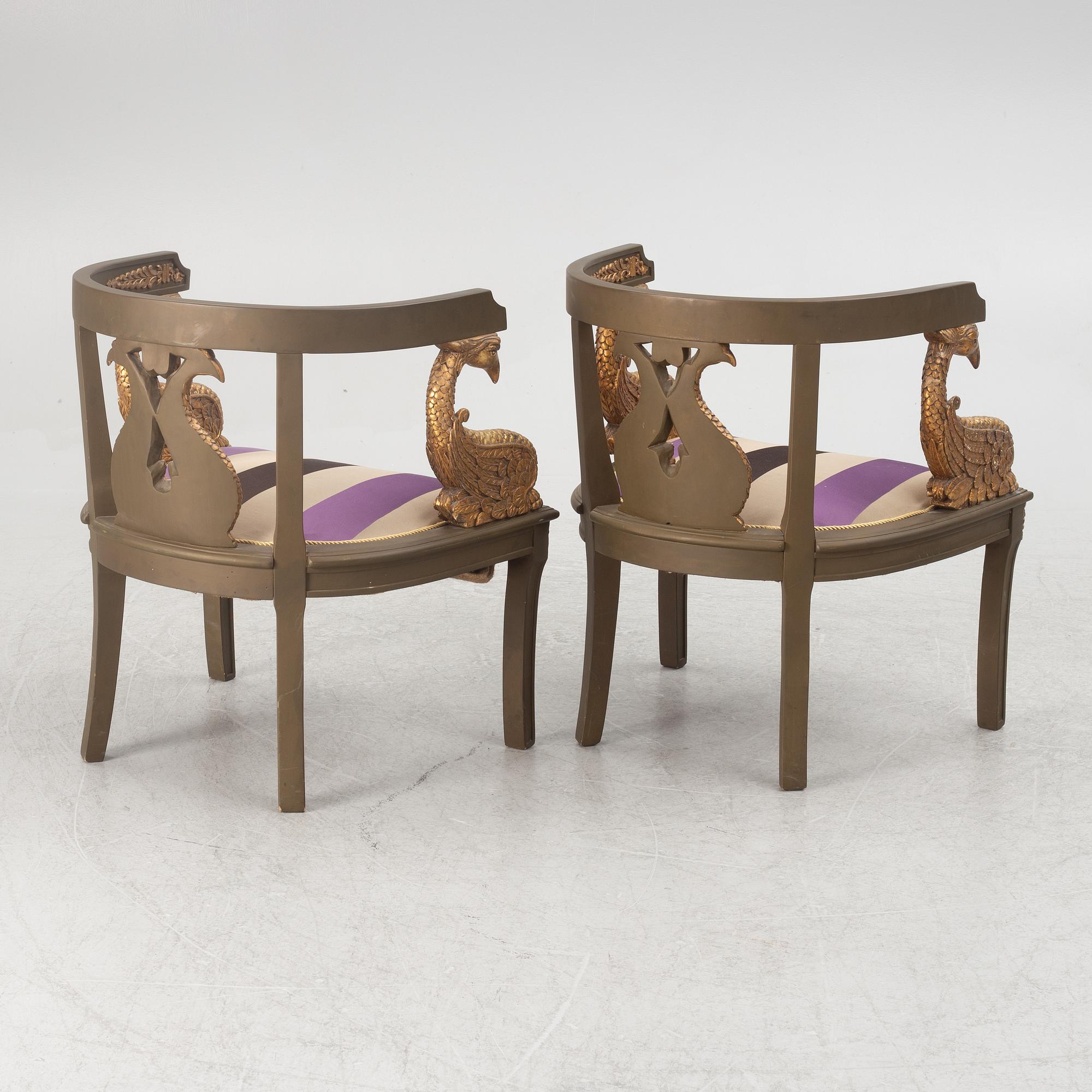 A pair of chairs and a side table, second half of the 20th century. Empire style.