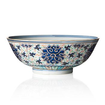 A large 'lotus bowl', late Qing dynasty with Kangxi four character mark.