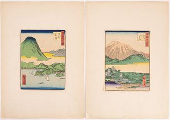 Utagawa Hiroshige II, färgträsnitt, två stycken, Japan.