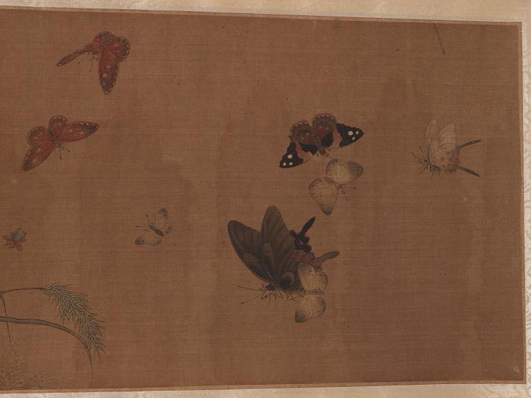 RULLMÅLNING, landskap med fjärilar och insekter i Qian Xuans (1235-1305) efterföljd, Qing dynastin 1800-tal.