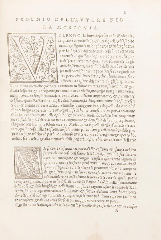 SIGISMUND VON HERBERSTAIN, Comentari della Moscovia, Venezia, 1550. Hand-coloured ex libris, parchment binding, with a map. 21...