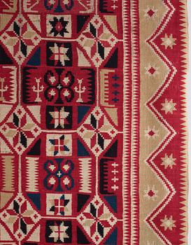 A flat weave bed cover, c. 182 x 126 cm, Gärds district, northeastern Scania, signed AO HID IOS, dated 1837.