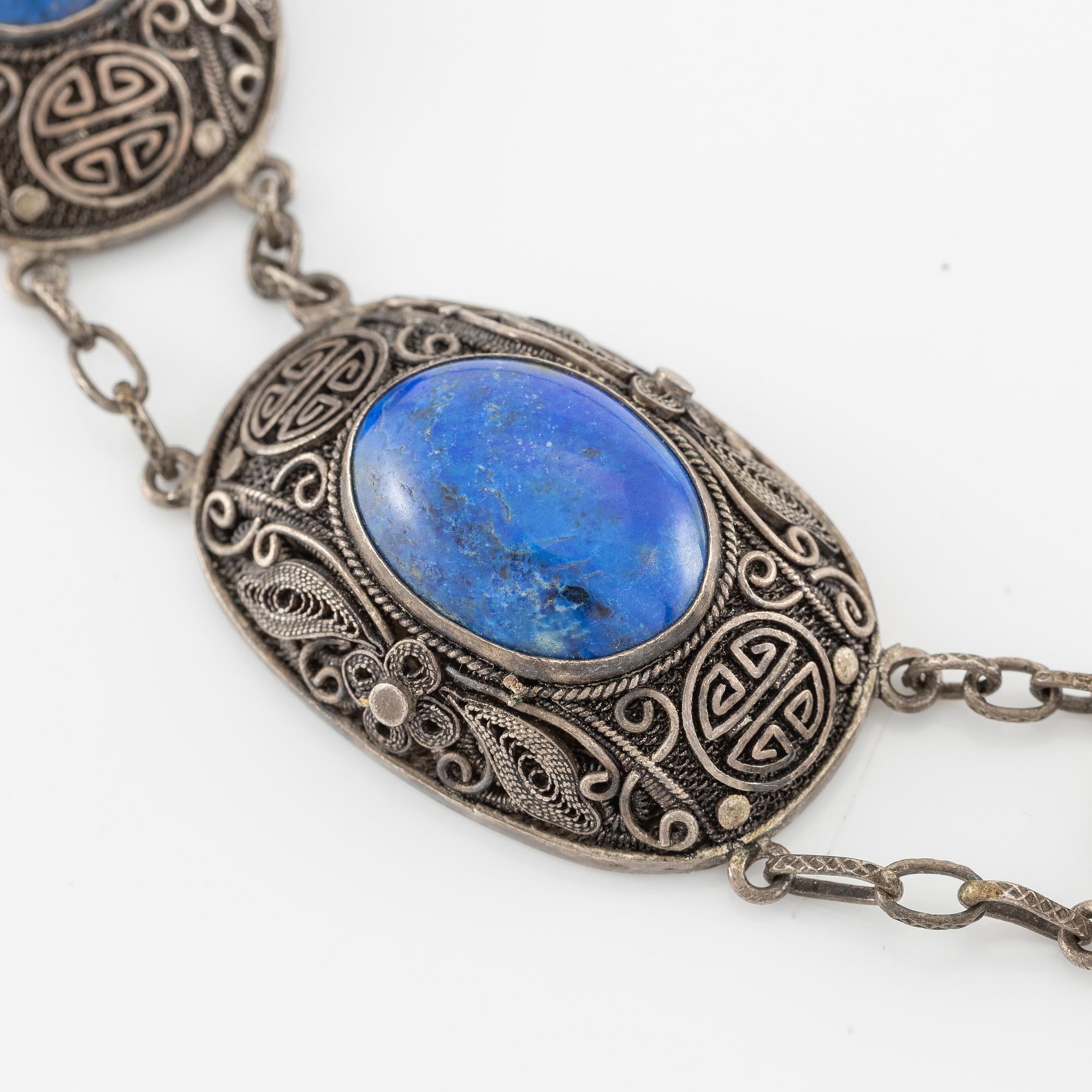 Necklace and earrings, silver with lapis lazuli.