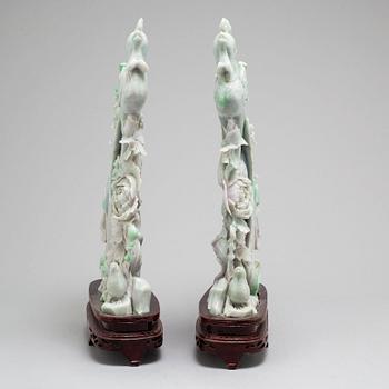 A pair of Chinese modern pale green and pale mauve stone carvings/sculptures, 20th century.