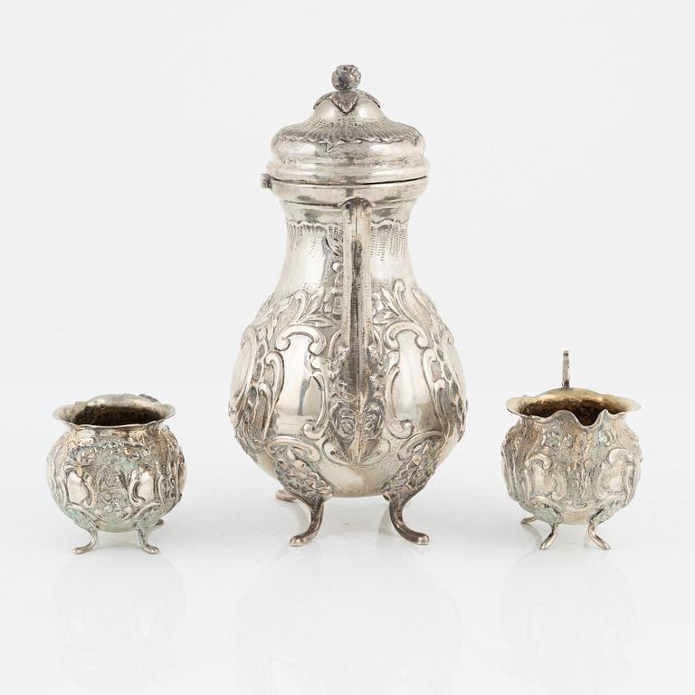 A three-piece Rococo style silver coffee set, possibly Norway, mid 20th century.