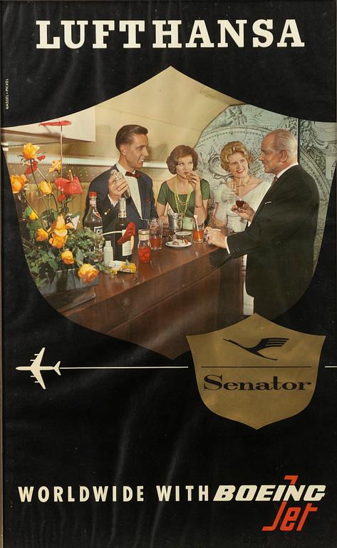 A vintage poster, 'Lufthansa Senator Worldwide with Boeing Jet'.