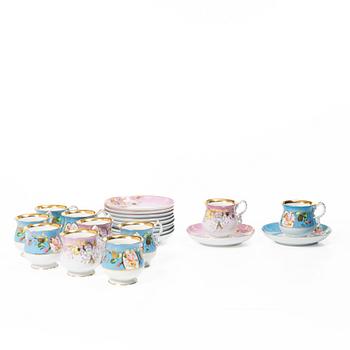 Ten porcelain cups and saucers, Kusnetsov Porcelain Factory, Russia, circa 1900.