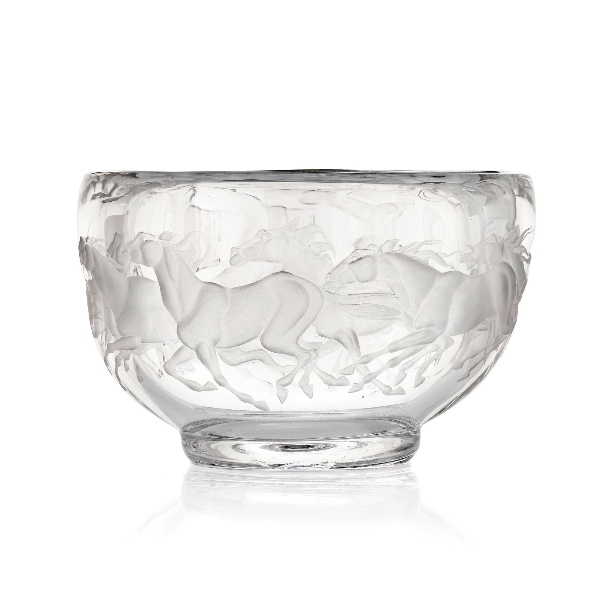 Vicke Lindstrand, a unique engraved glass bowl, reportedly a special commission ca 1972, Kosta, Sweden engraved by Tage Cronqvist.