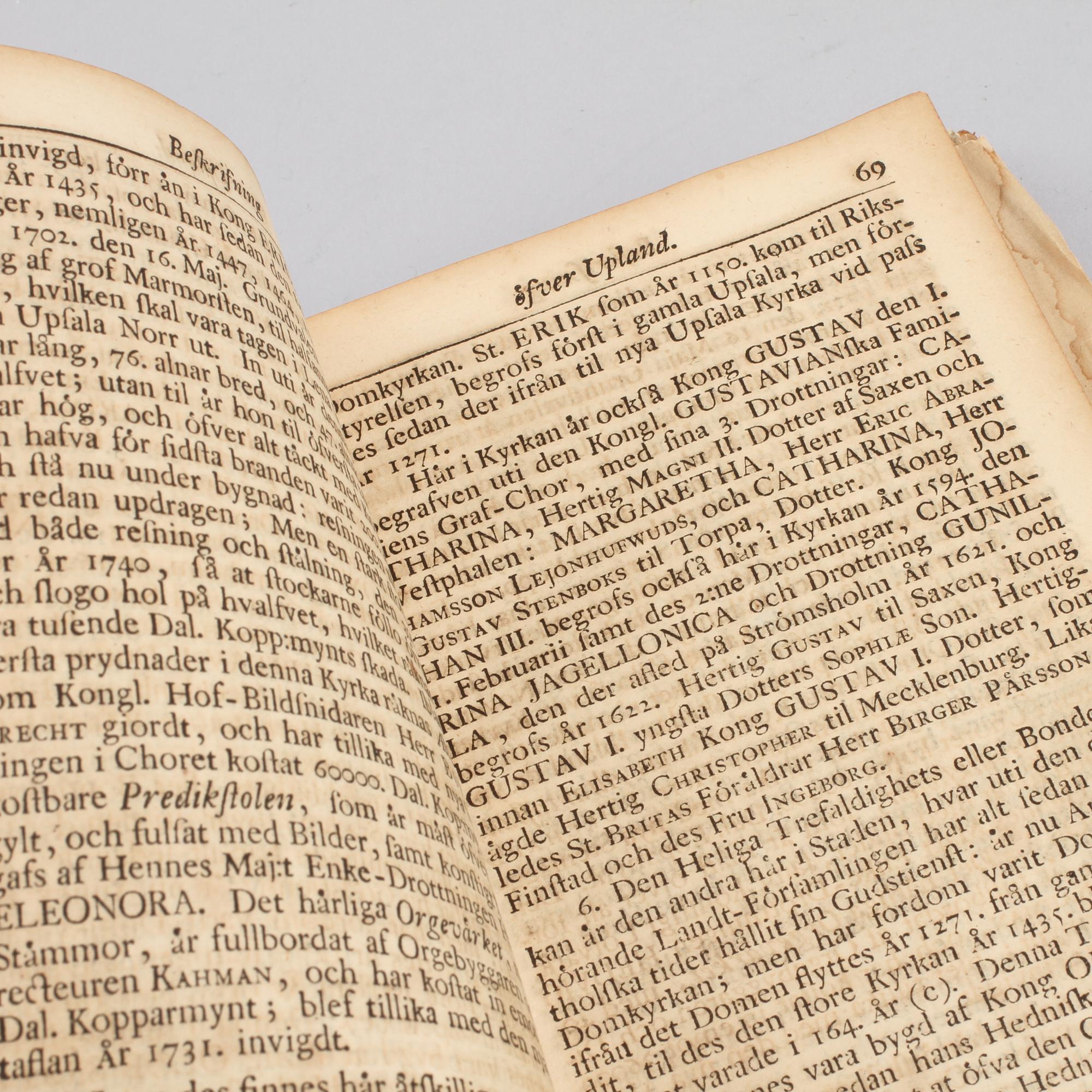 BOK, "Beskrifning öfver Sveriget, första tomen om Uppland", Lars Salvius, 1741.