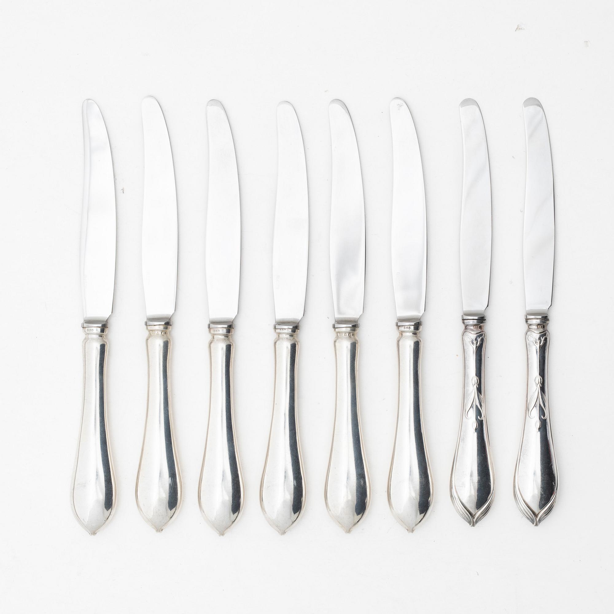 Matknivar, 8 st, silver, modell "Tulpan", bl a K Anderson, Stockholm 1954.