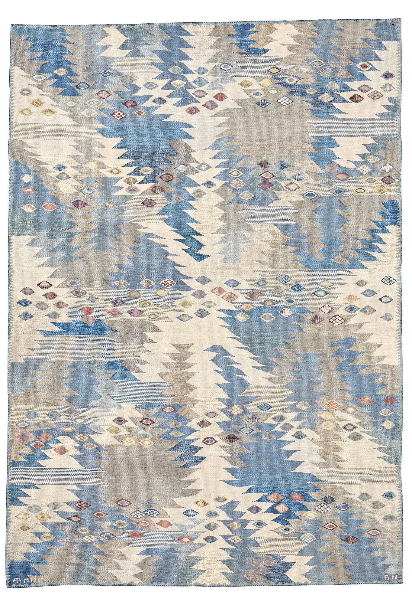 Barbro Nilsson, MATTA, "Tånga, ljus, blå, grå", gobelängteknik, ca 302 x 206,5 cm, signerad AB MMF BN.