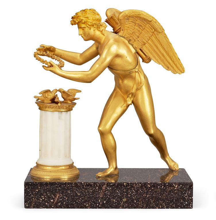 A Swedish circa 1800 gilt bronze, white marble and porphyry table sculpture.
