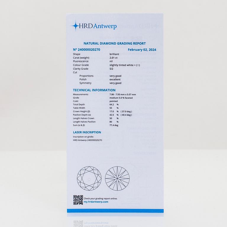 An 18K rose gold ring, with a brilliant-cut diamond approximately 2.01 ct, accompanying HRD report.