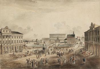 826D. Johan Fredrik Martin, "Norrmalms Torg i Stockholm med Utsigt af K Slottet, K. Gustaf Adolphs Statüe, H.K.H. Prinsessans Palais o Opera Huset".