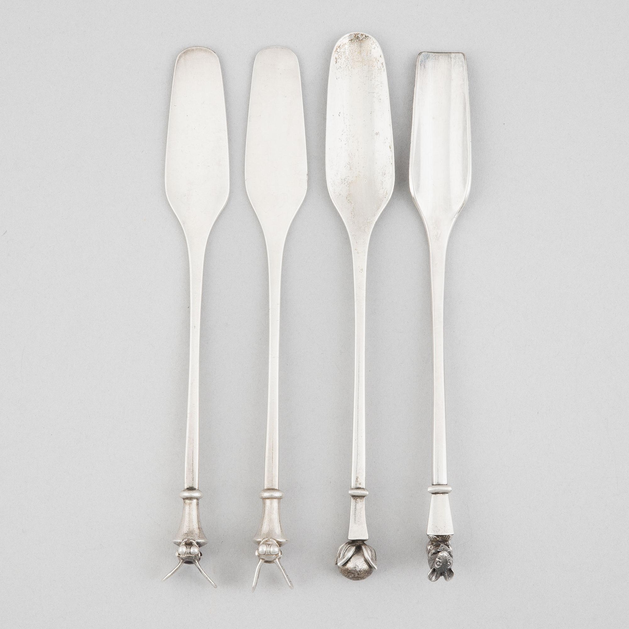Set med fyra spadar i silver, design Barbro Littmarck, W.A. Bolin, Stockholm 1966-1995.