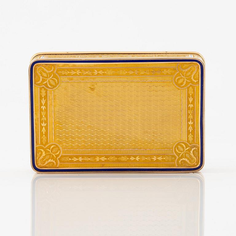 A probably Swiss 19th century two colour gold snuff box with enamel, unidentified maker's mark.