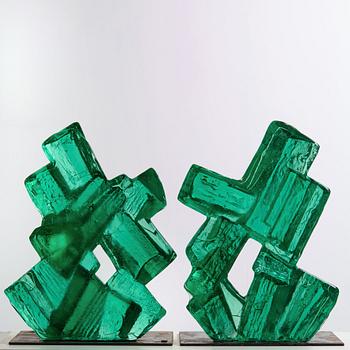 Edvin Öhrström, skulptur, två delar "Kristallisk Komposition", Lindshammars Glasbruk, 1960-tal.