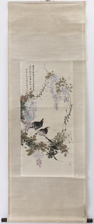 Birds with flowering wisteria, attributed to Chen Ban Ding.