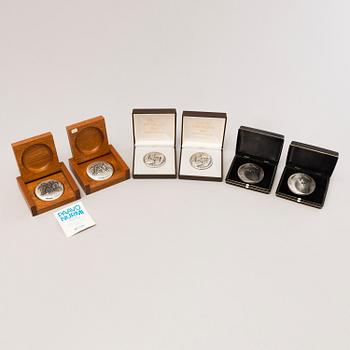 Six commemorative silver medals, Paavo Nurmi, Aino Ackté and Tivoli.