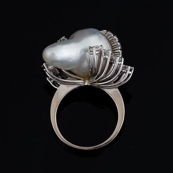 Baroque pearl and navette-cut and brilliant-cut diamond ring.