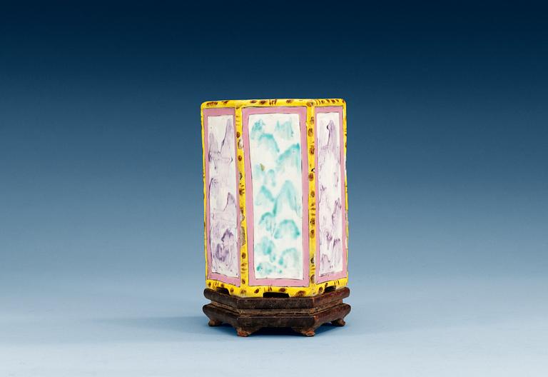 A famille rose hexagonal brushpot, Qing dynasty, 18th Century.