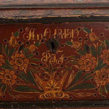 A painted provincial chest, Hälsingland, Sweden, dated 1819.