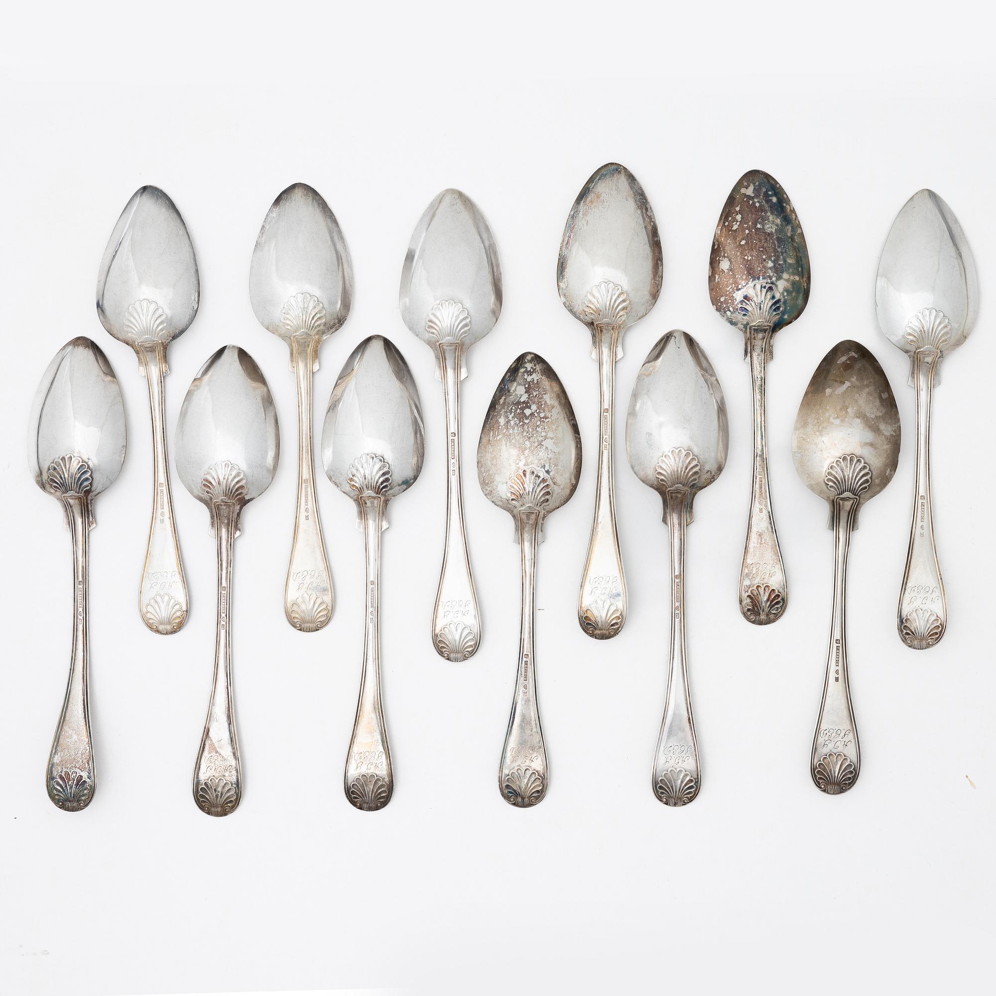 Christoffer Ekbeck, skedar, 12 st, silver, modell gammal fransk, Örebro 1855.