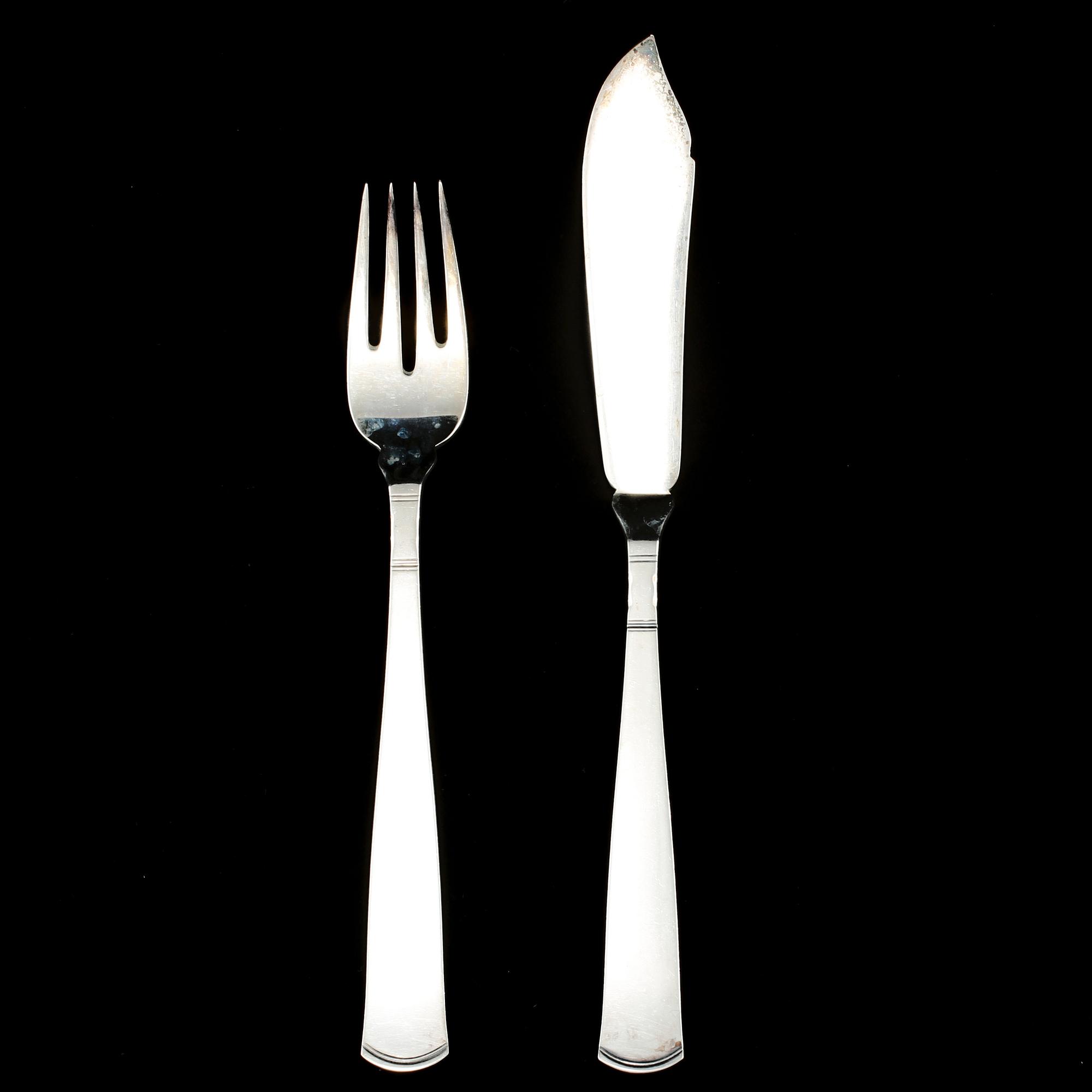 FISKBESTICK, 24 delar, silver, "Rosenholm", Jacob Ängman, GAB, Stockholm, 1900-talets andra hälft, vikt 1045 g.