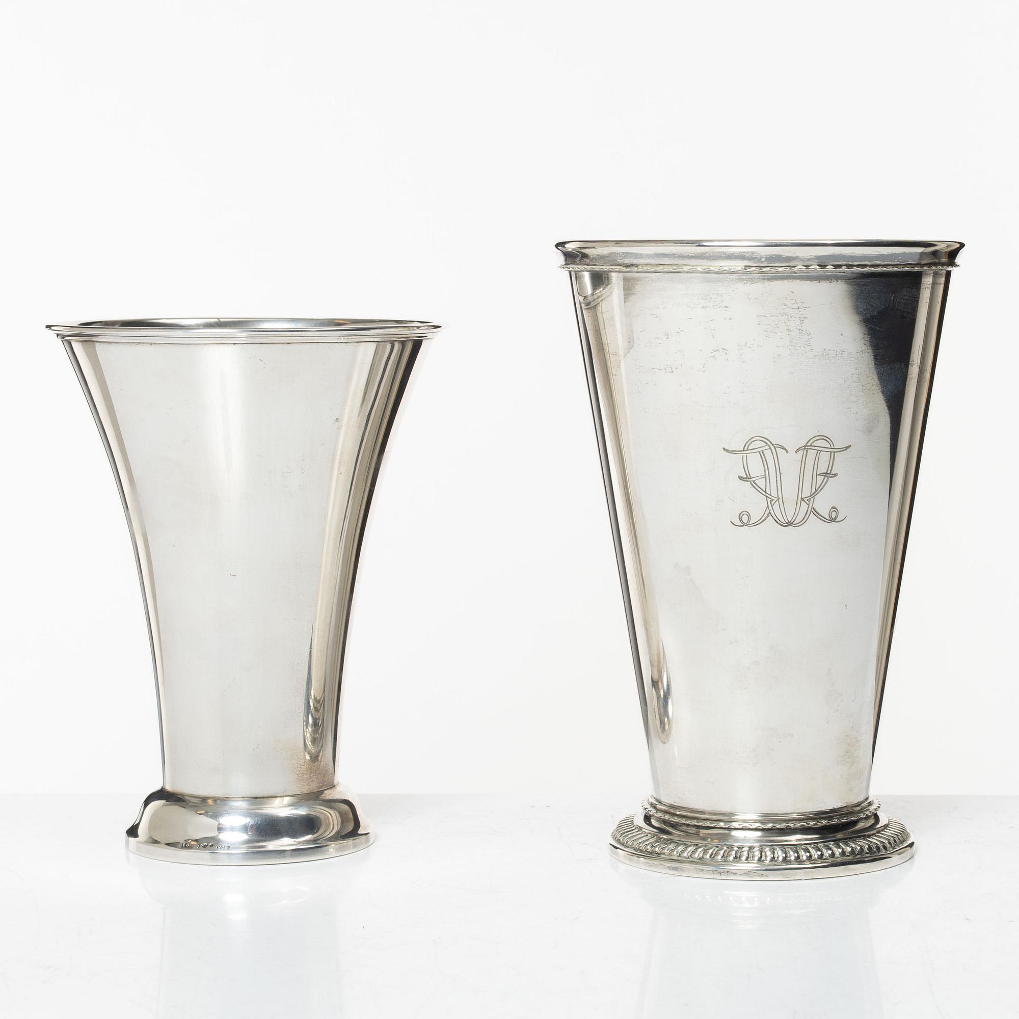 Bägare, 2 st, silver, bl.a. I. Sundström, Stockholm 1917.