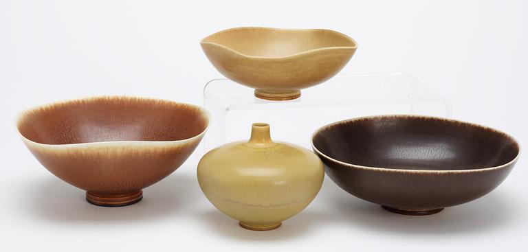 Three Berndt Friberg stoneware bowls and a vase, Gustavsberg studio 1954-1976.