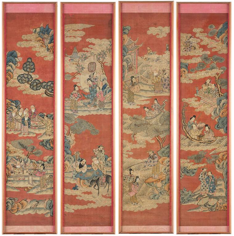 A set of four kesi panels depicting Xiwangmu and the daoist Immortals, late Qing dynasty.