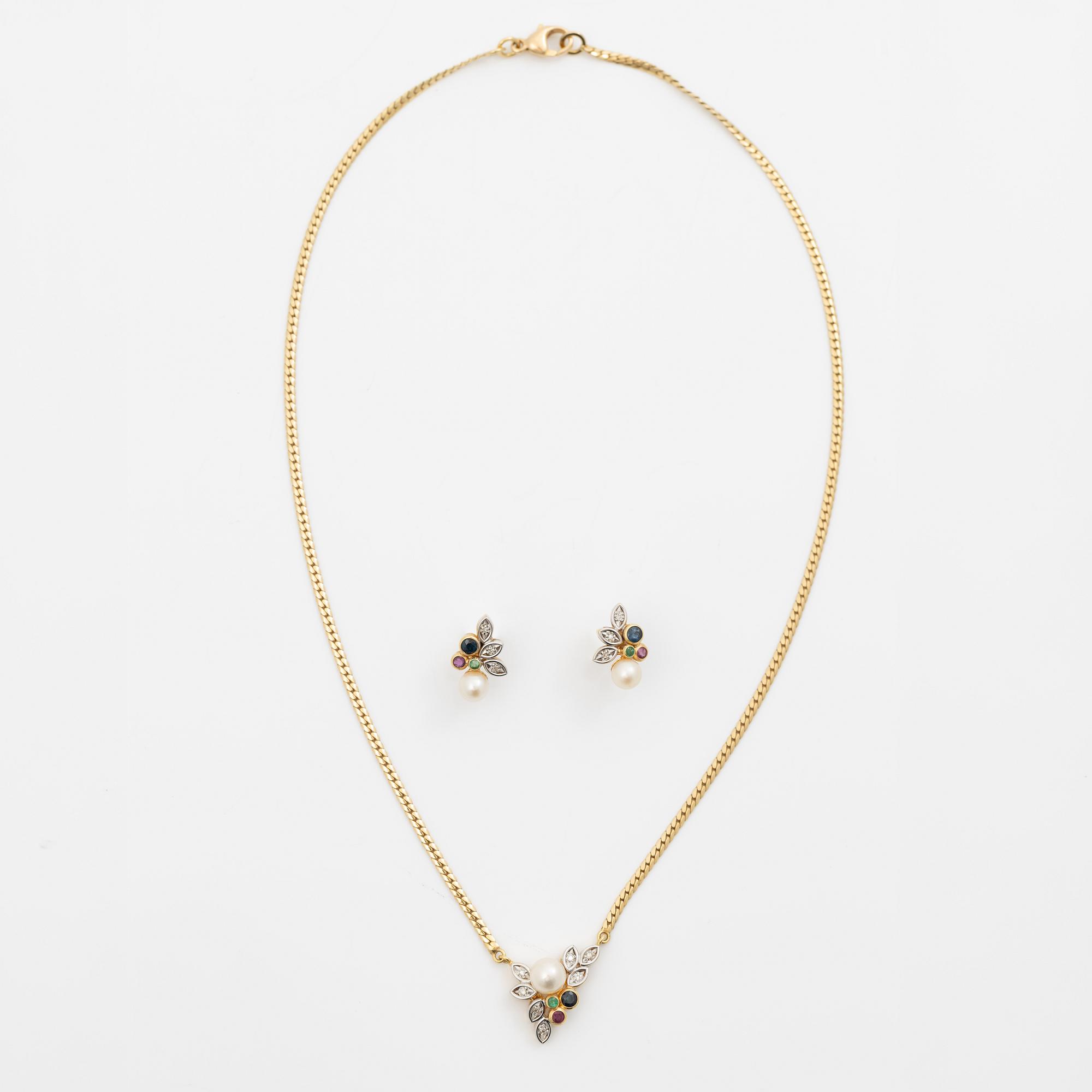 Necklace with matching earrings, 18K gold with pearls, diamonds, emeralds, rubies and sapphires.