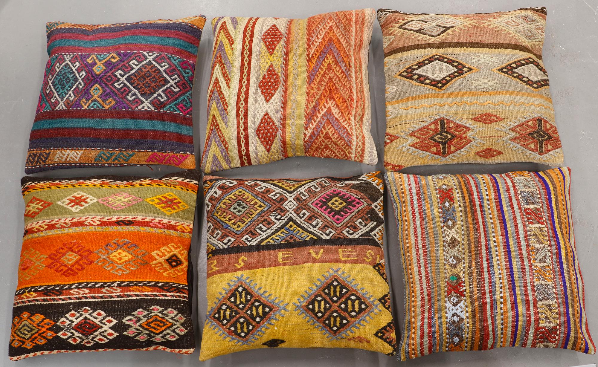 Six kilim cushions, Ca 60 x 60 cm.