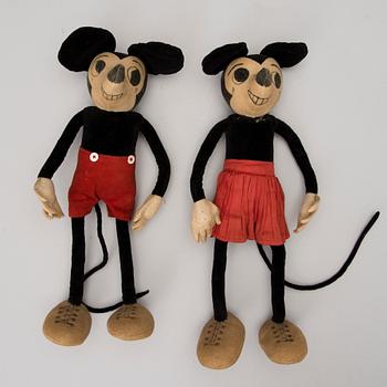 A pair of dolls, Mickey Mouse and Minnie Mouse, 1930s.