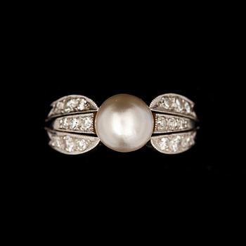 RING, 18k vitguld, med odlad pärla samt diamanter. Stockholm, 1959. Vikt 4,3 g.