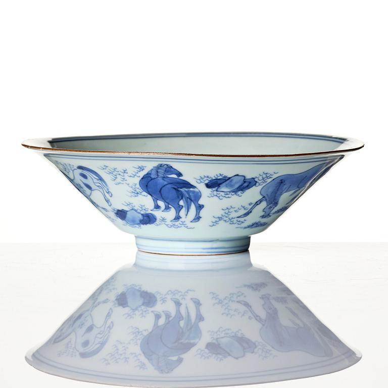 A blue and white 'eight horses of Muwang' bowl, Qing dynasty, Shunzhi period, mid 17th century.