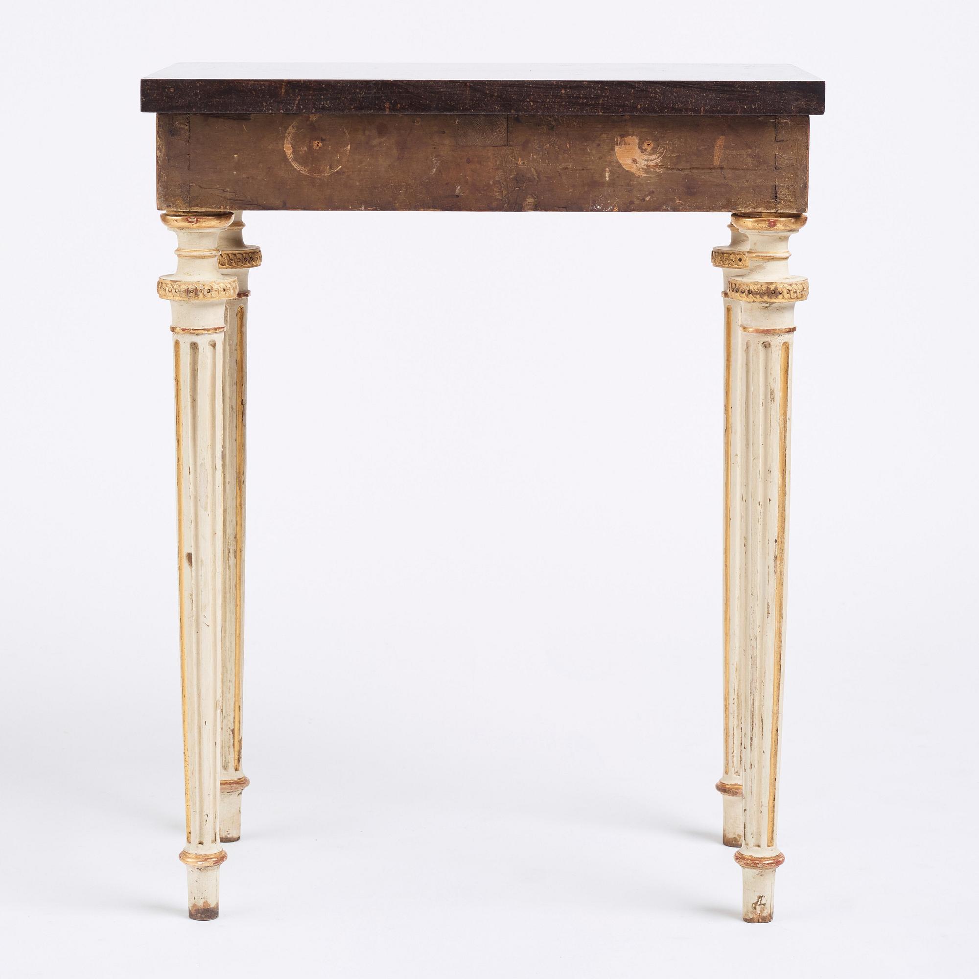 A late Gustavian console table in the manner of P Ljung, late 18th century. Stone top in porphyry.
