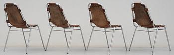 A set of four Charlotte Perriand 'Les Arcs' chairs, tubular chromium plated steel frame with brown leather sling seat,