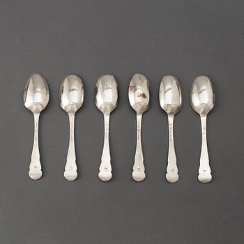 A set of six Swedish 18th century silver dinner-spoons, mark of Johan Leffler, Falun 1773.