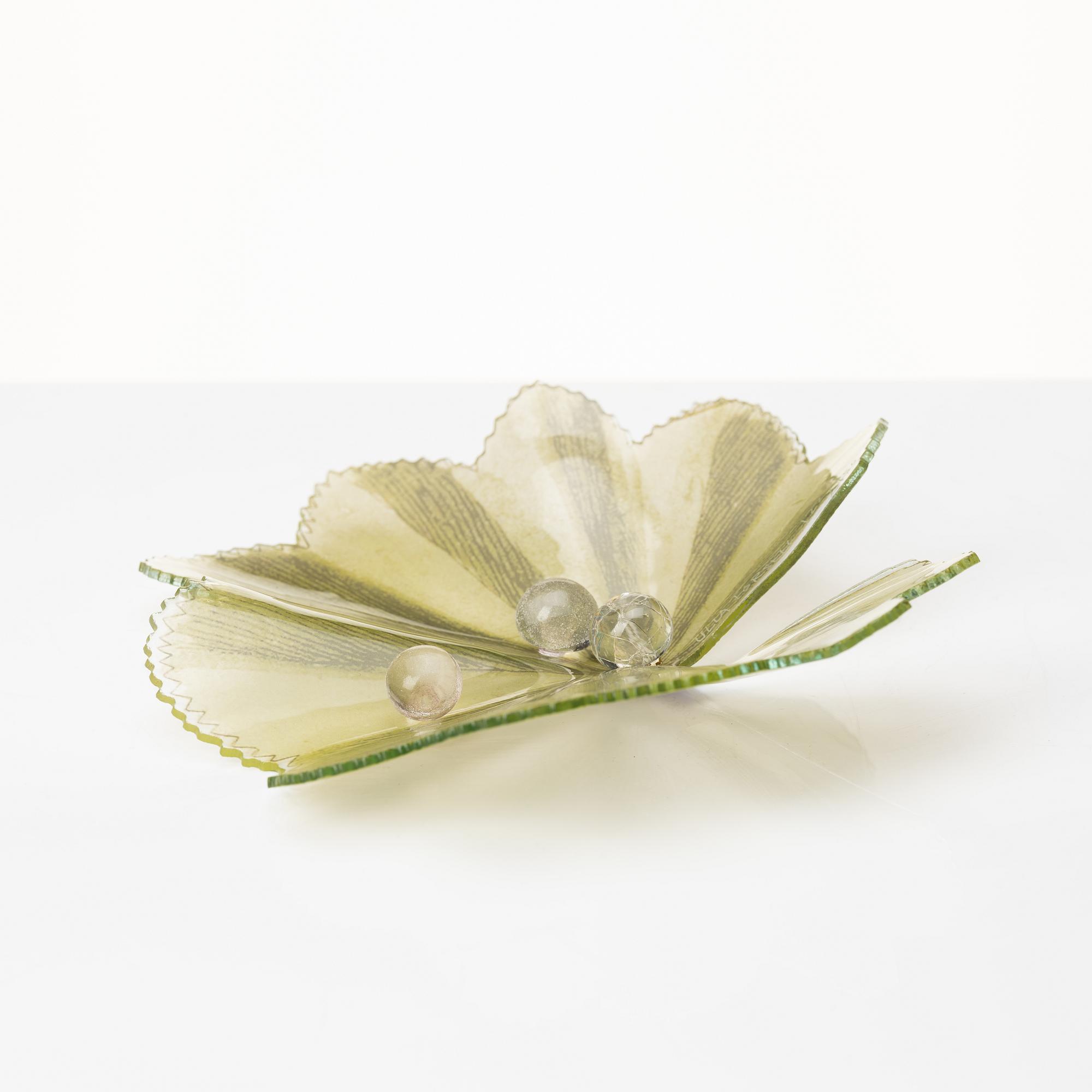 Ulla Forsell, a glass sculpture of a leaf with with three glass drops, ca 2013, ed. 122/150.