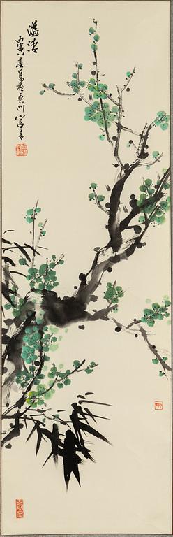 A hanging scroll, ink and colour on paper, signed Gong Yin and dated 1986.