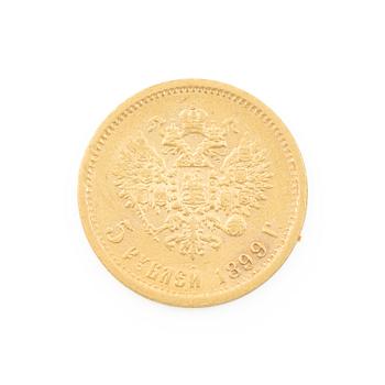 Gold coin, Nicholas II, Russia, 5 Rubles, 1899.