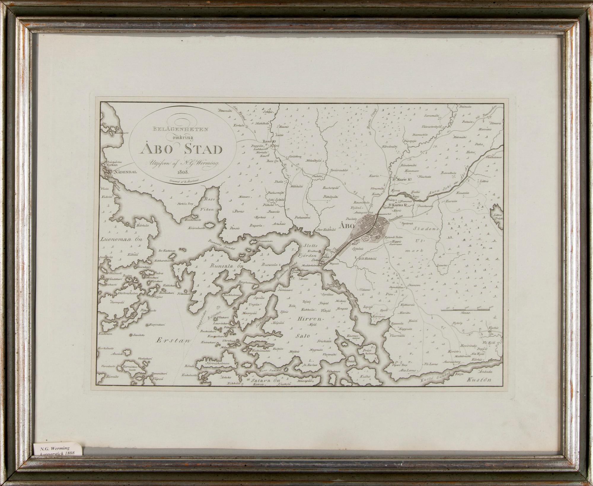 KARTA, Belägenheten omkring Åbo stad, utgiven av N.W.Werming 1808.