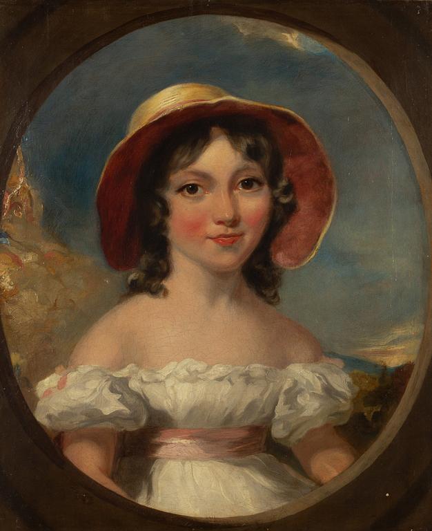 Okänd konstnär, 1800-tal, Porträtt av flicka i vit klänning.