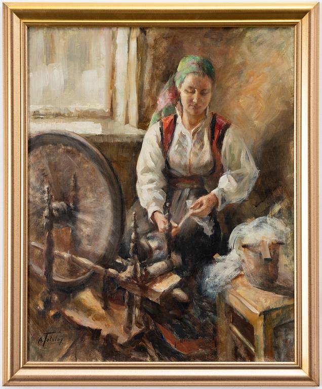 Alexander Tolstoy, At the spinning wheel.