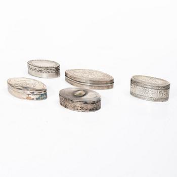 Five silver boxes, 19th century.