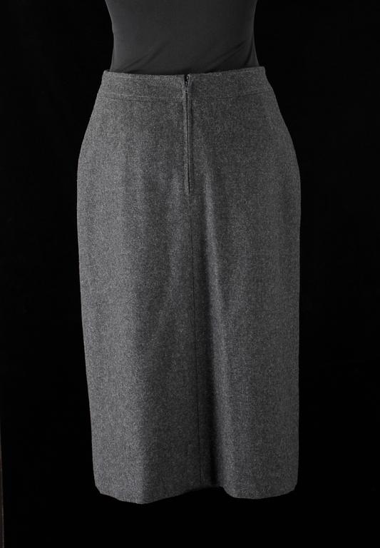 A two-piece grey wool costume consisting of jacket and skirt by Celine.