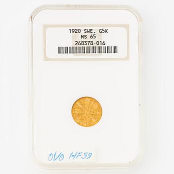 Gold coin, Gustav V, 5 kronor, Sweden 1920.