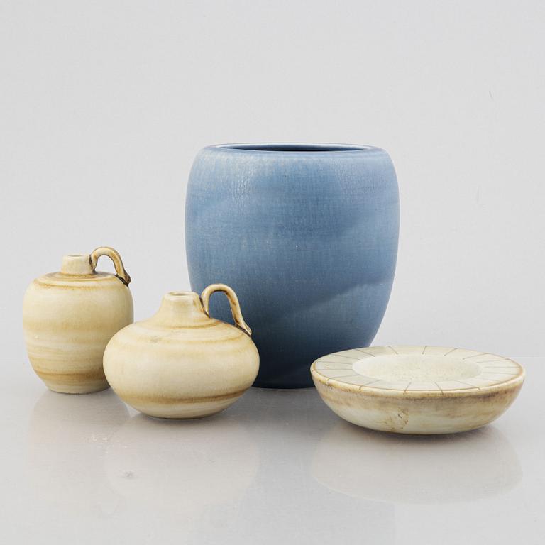 Gertrud Lönegren, a set of three stoneware vases and a dish, Rörstrand.